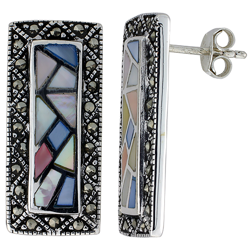 Sterling Silver Marcasite Border Natural Shell Earrings Rectangular, 7/16 inch wide