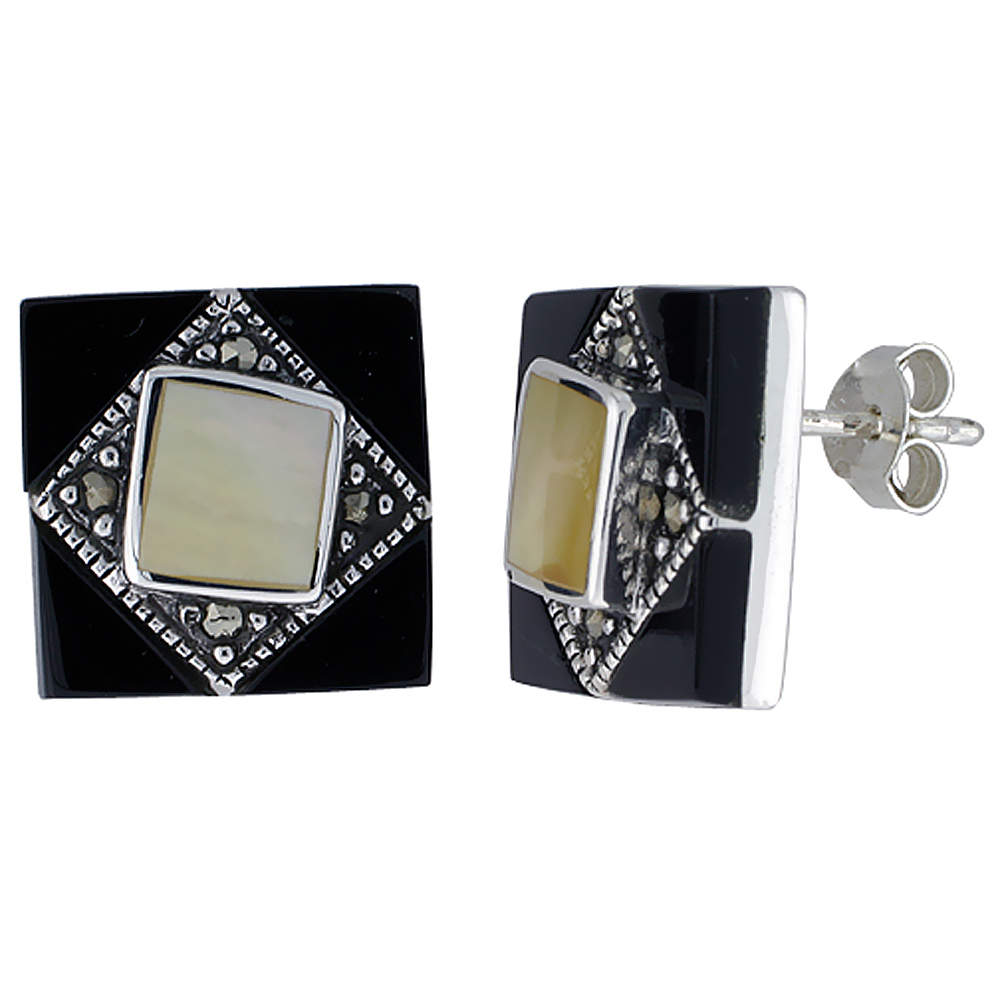 Sterling Silver Marcasite and Natural Shell Earrings Black Square, 1 inch wide