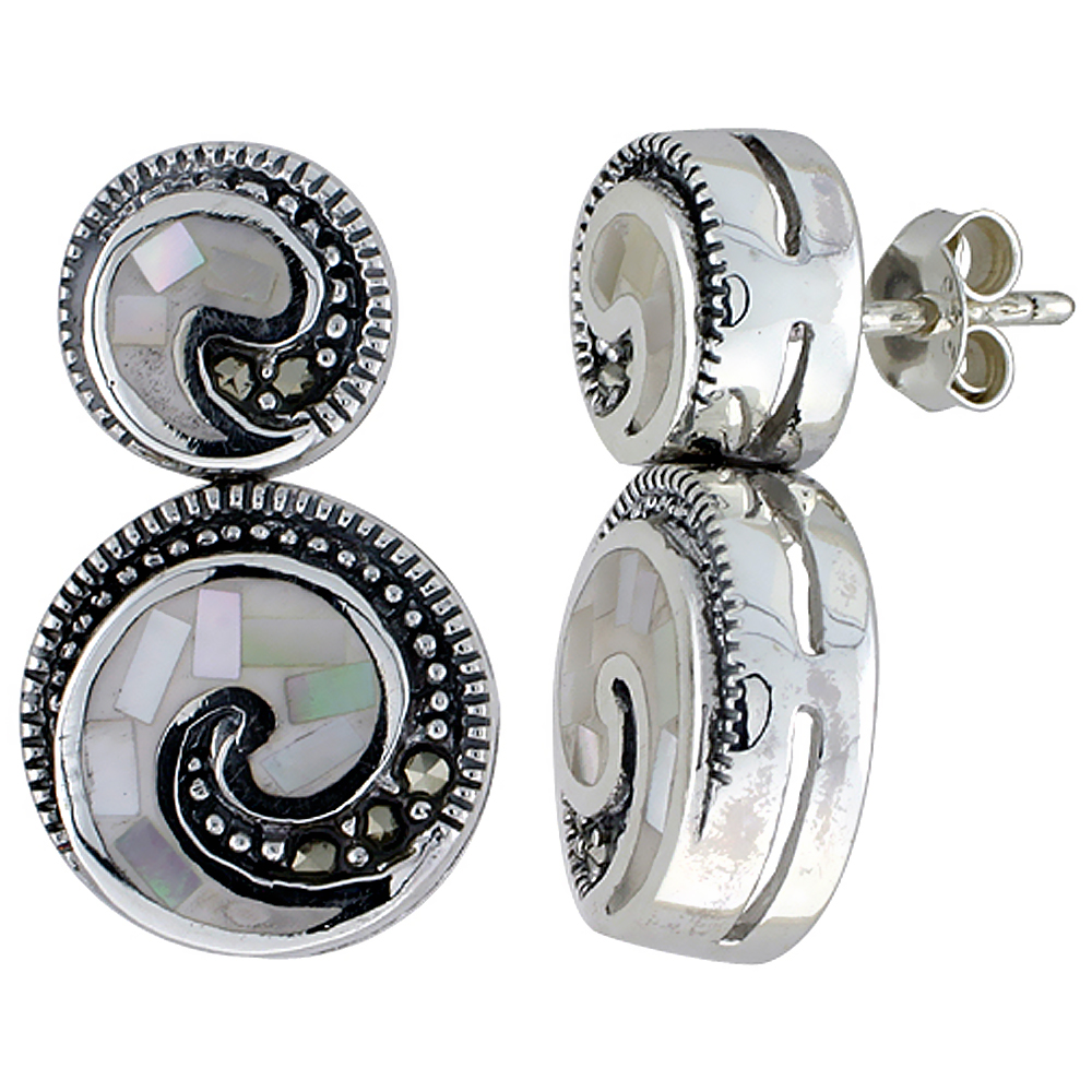Sterling Silver Marcasite and Natural Shell Mosaic Swirl Dangle Earrings, 1/2 inch wide