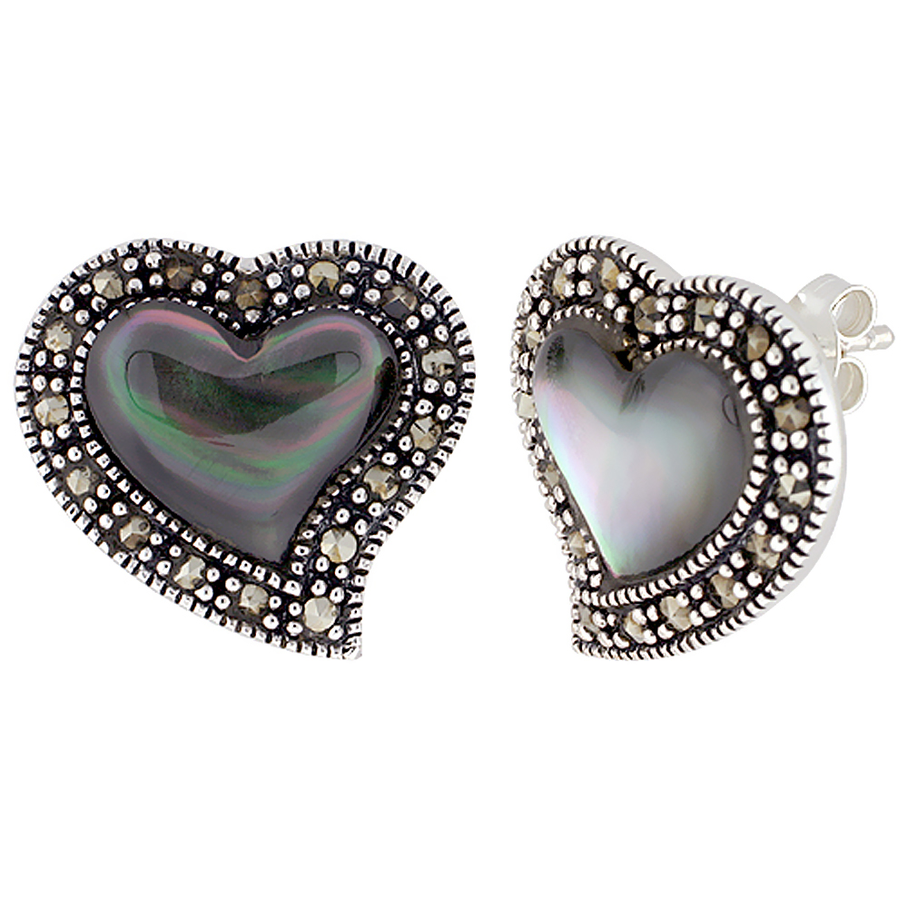 Sterling Silver Natural Shell and Marcasite Heart Earrings, 3/4 inch wide