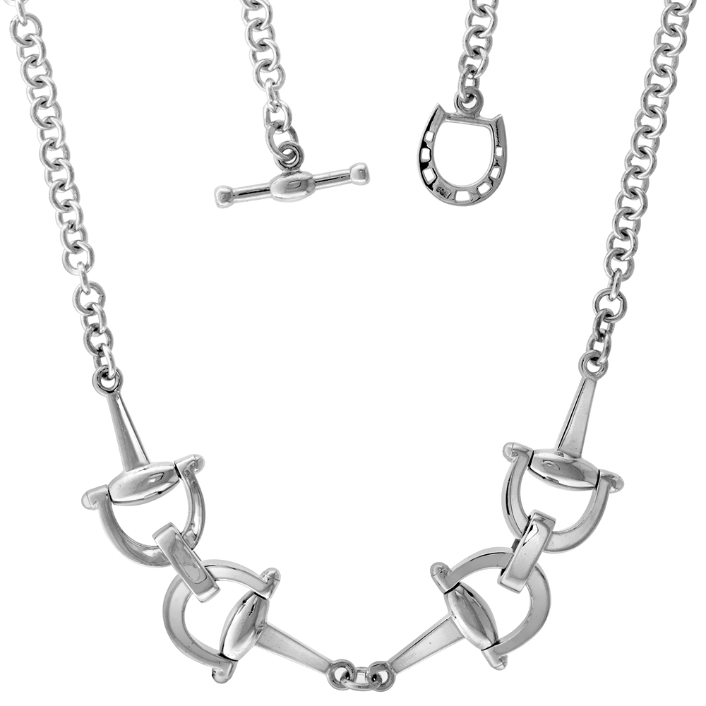 STERLING SILVER DEE RING SNAFFLE BIT NECKLACE 18 INCH ITALY, 9/16 WIDE