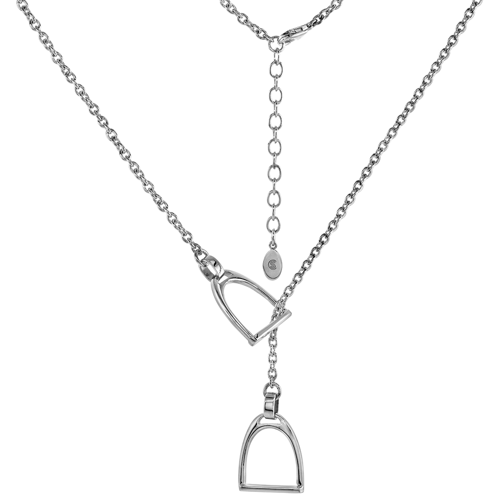 3/4 inch Sterling Silver Stirrups Necklace for Women Lariat Style Flawless High Polished finish 20-22 inch