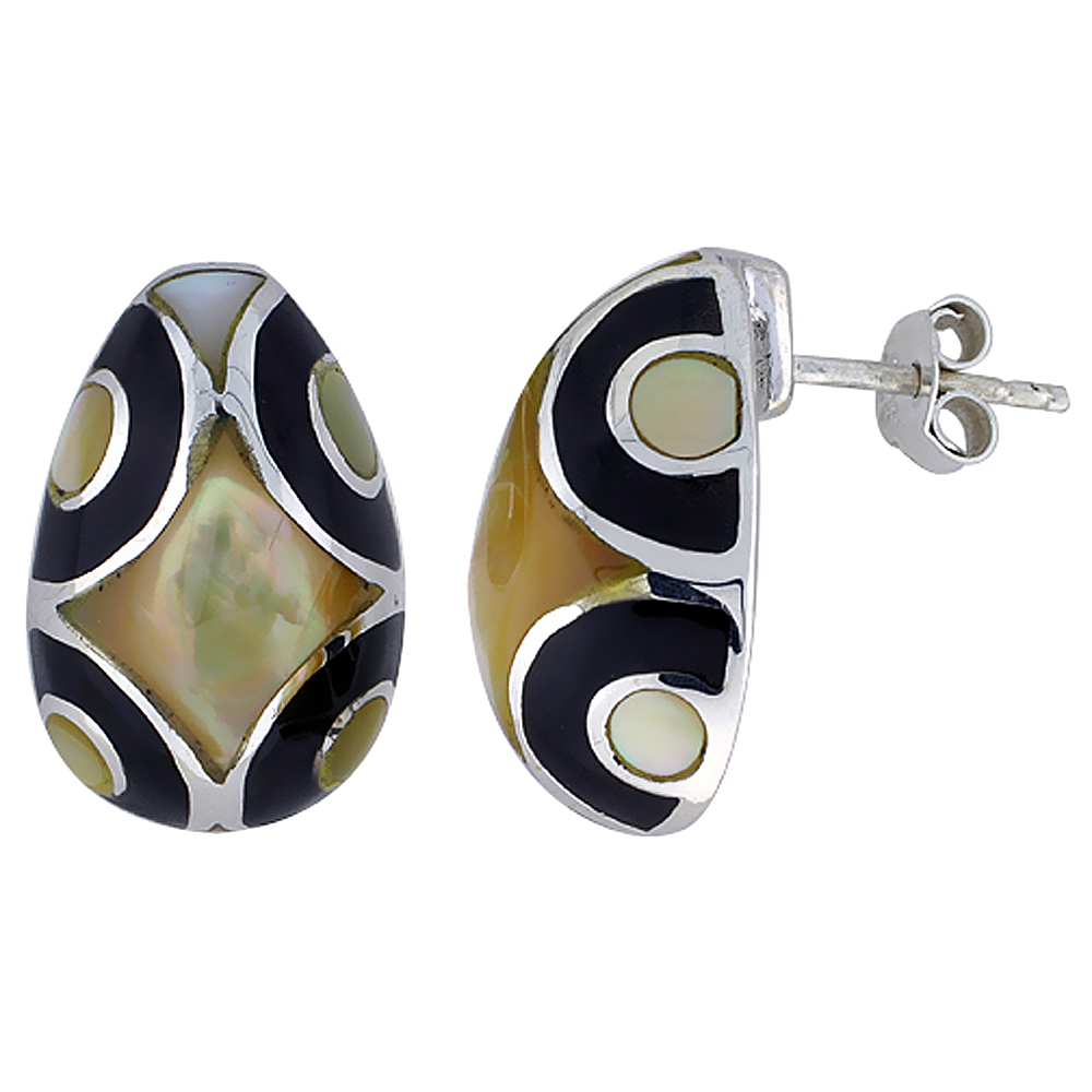 Sterling Silver Geometric Black and White Natural Shell Earrings, 1/2 inch wide