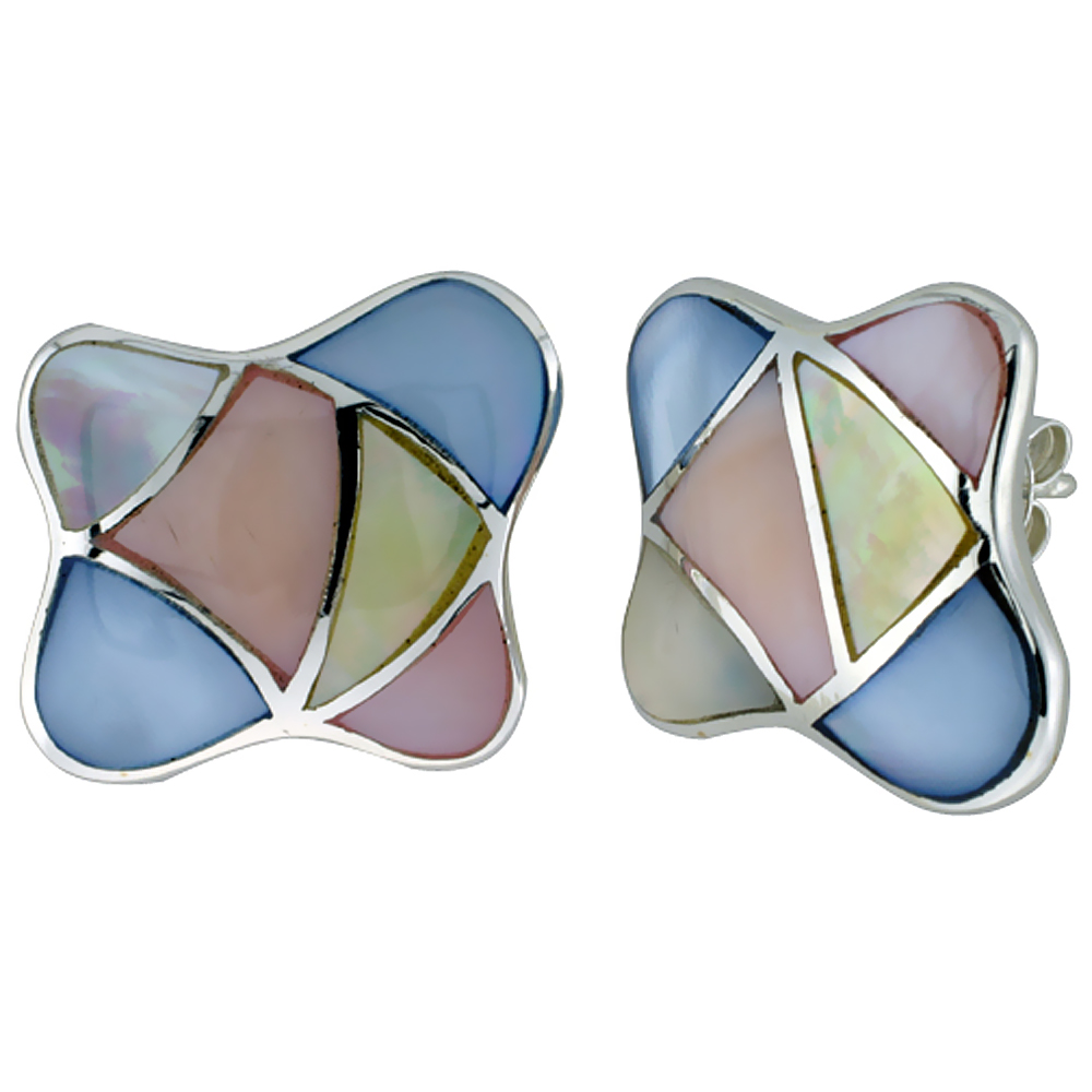 Sterling Silver Colorful Natural Shell Earrings, 7/8 inch wide