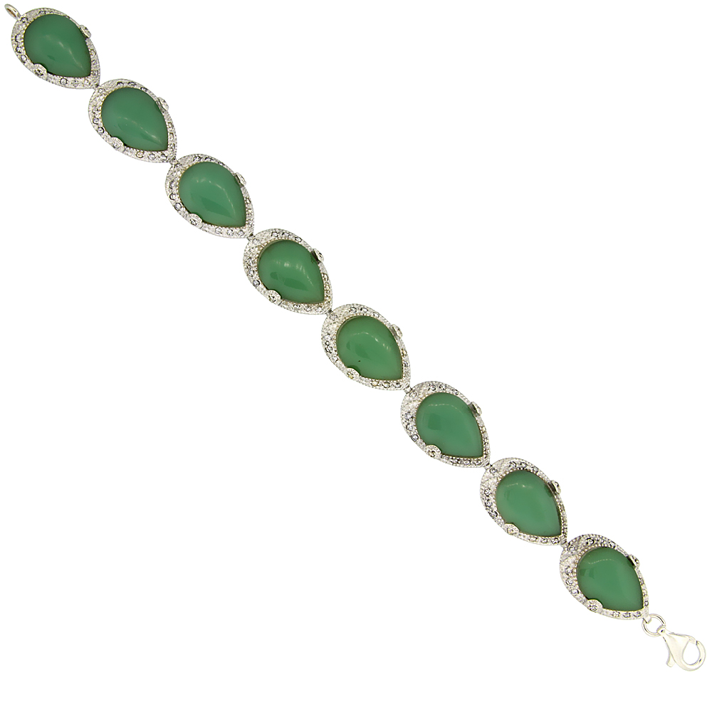 Sterling Silver Teardrop Link Bracelet Pear Cut 16x12mm Green Resin Inlay &amp; Cubic Zirconia Stones, 5/8 inch wide