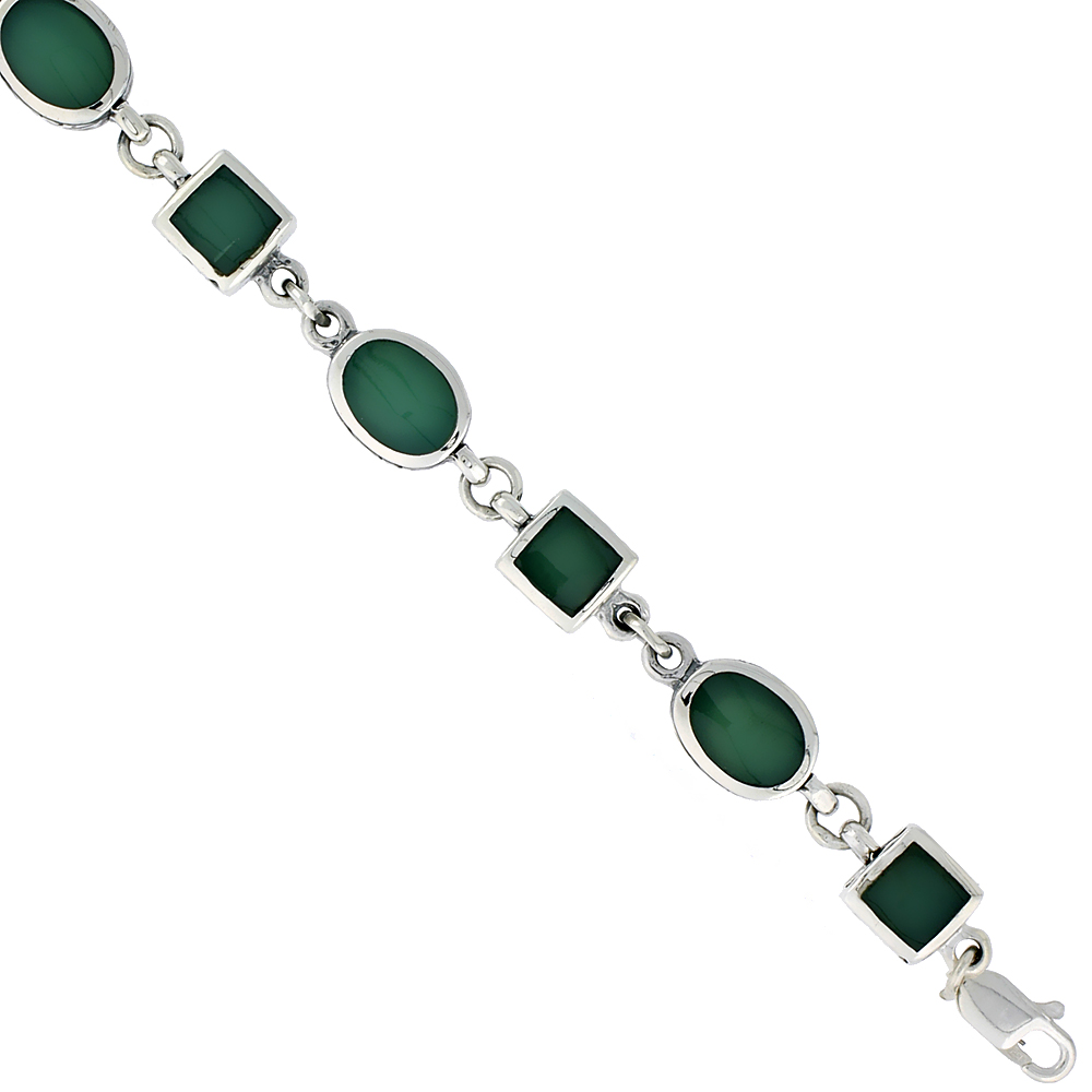 Sterling Silver Square &amp; Oval Link Bracelet Green Resin Inlay, 5/16 inch wide