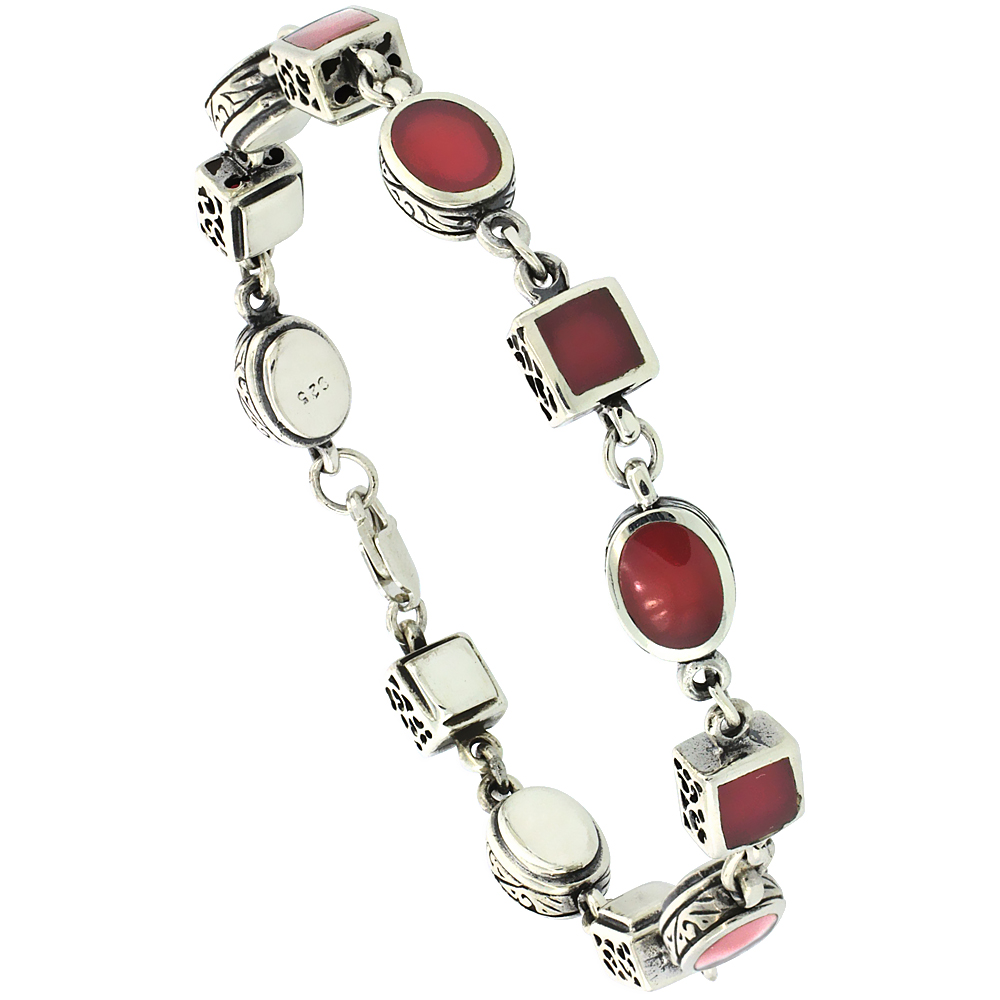 STERLING SILVER SQUARE & OVAL LINK BRACELET RED RESIN INLAY, 5/16 INCH WIDE