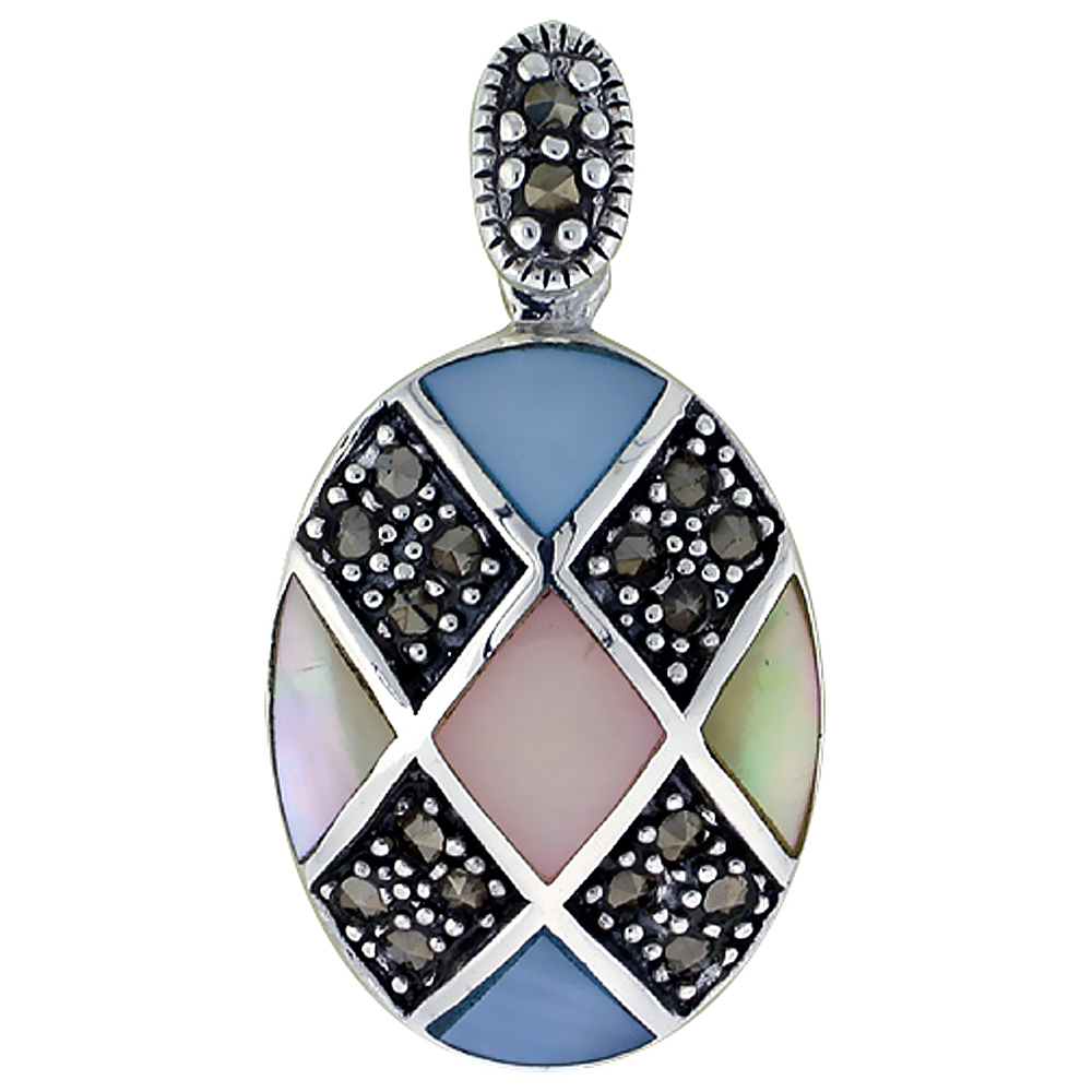 Sterling Silver Marcasite and Colorful Natural Shell Pendant Oval, 5/8 inch wide