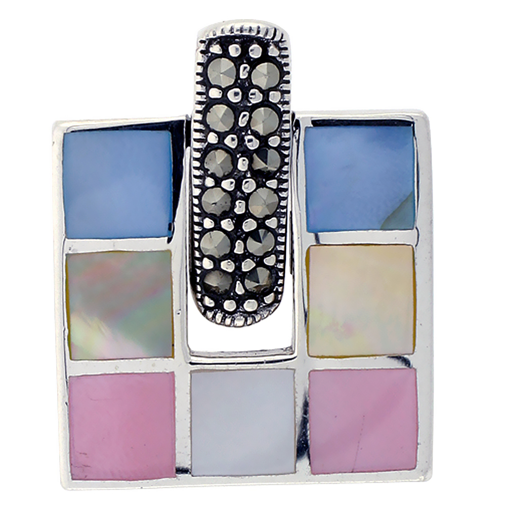 Sterling Silver Colorful Natural Shell Square Pendant Marcasite Accented Bail, 3/4 inch wide