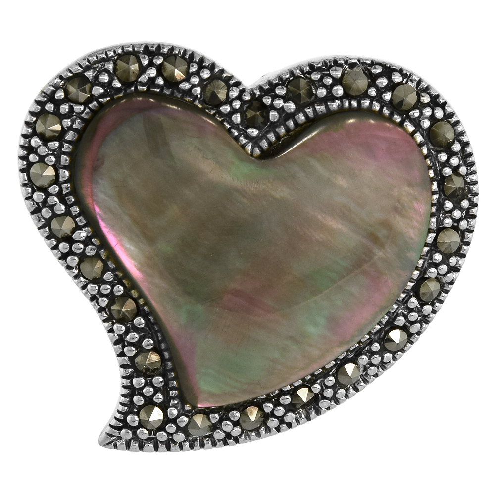 Sterling Silver Natural Shell and Marcasite Heart Pendant, 1 1/16 inch wide