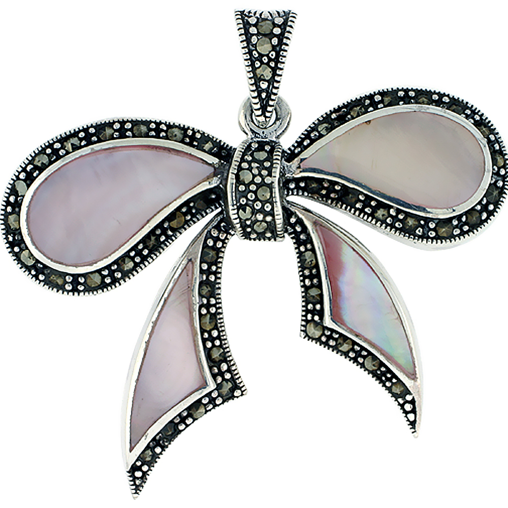Sterling Silver Natural Marcasite and Pink Shell Bow Pendant, 1 7/8 inch wide
