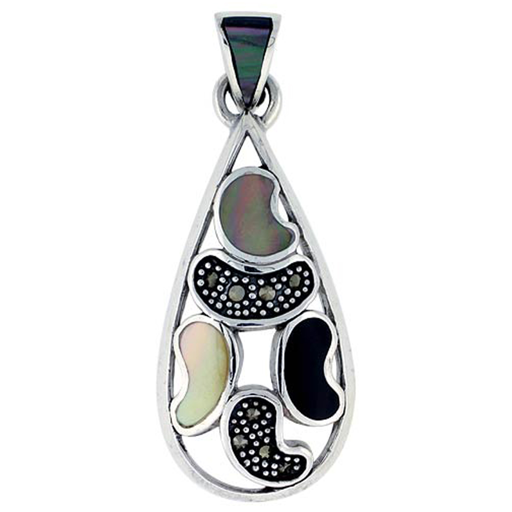Sterling Silver Marcasite and Natural Shell Pendant Open Teardrop, 3/4 inch wide