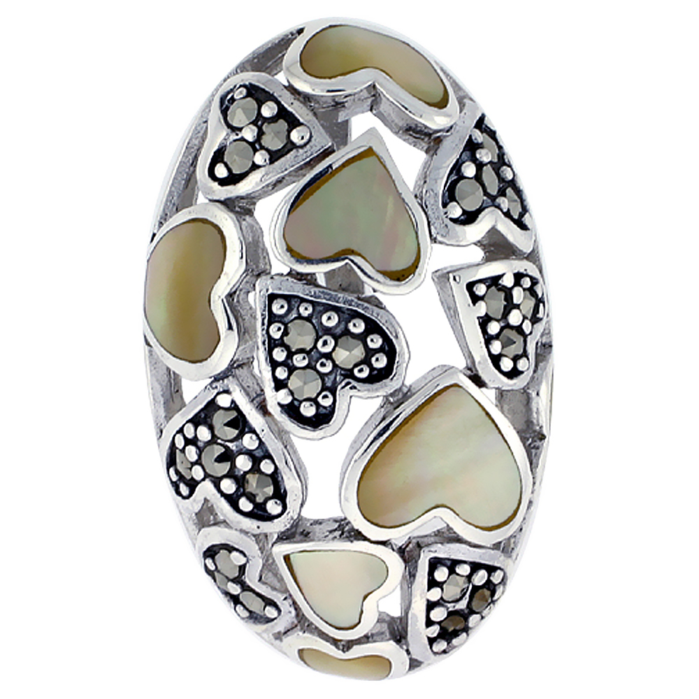 Sterling Silver Marcasite and Natural Shell Heart Pendant, 3/4 inch wide