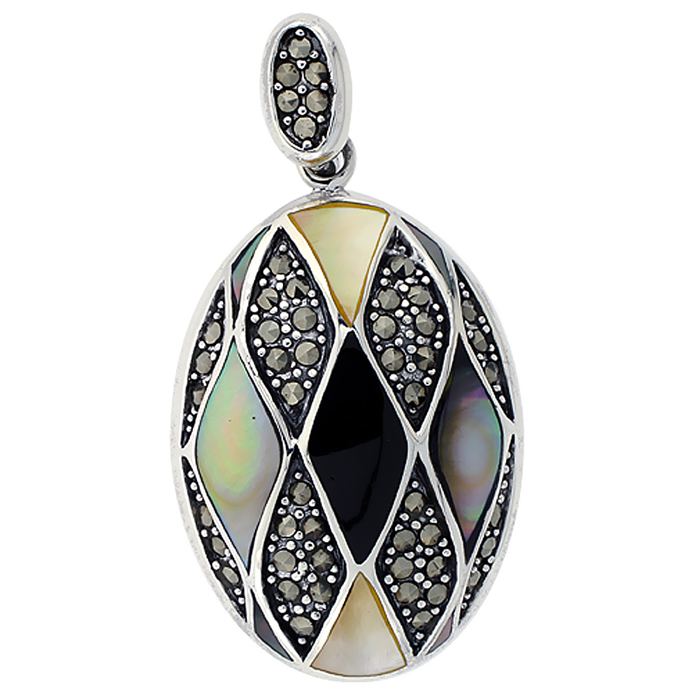 Sterling Silver Marcasite and Natural Shell Pendant Oval, 1 inch wide