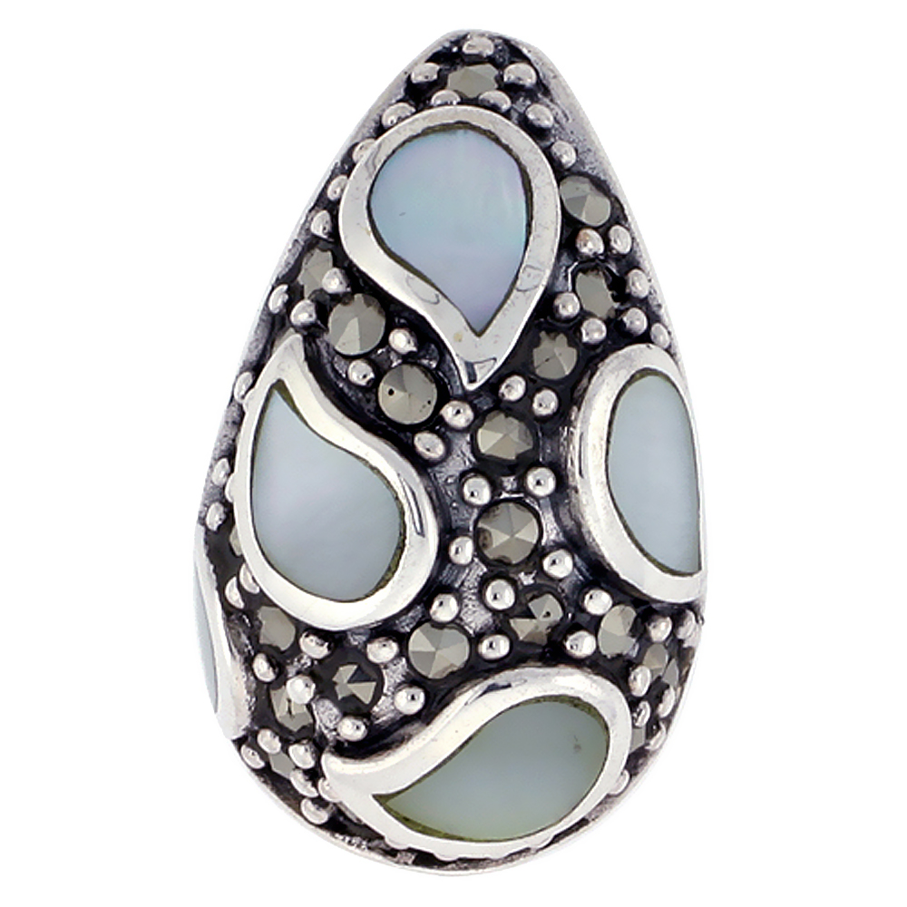 Sterling Silver Marcasite and Natural Green Shell Pendant Teardrop, 1/2 inch wide