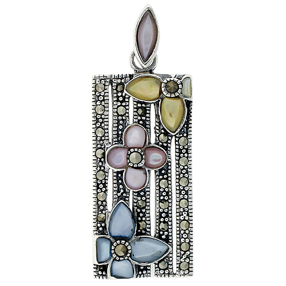 Sterling Silver Marcasite and Natural Shell Flower on Trellis Pendant, 11/16 inch wide
