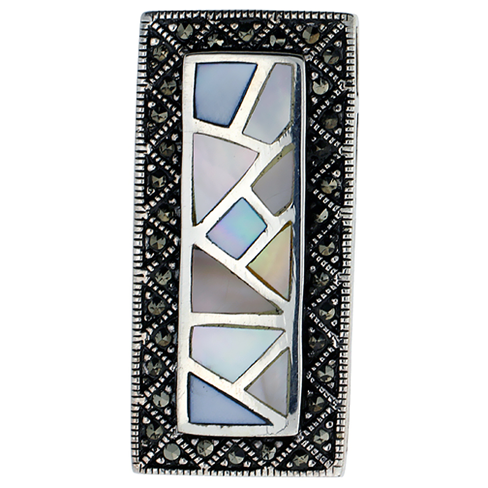 Sterling Silver Marcasite Border Natural Shell Pendant Rectangular, 3/4 inch wide