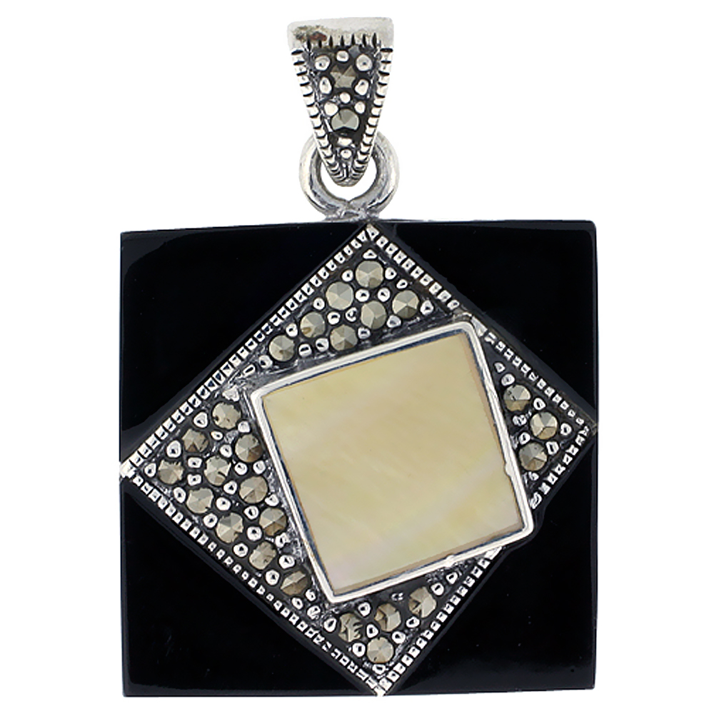 Sterling Silver Marcasite and Natural Shell Pendant Black Square, 1 inch wide