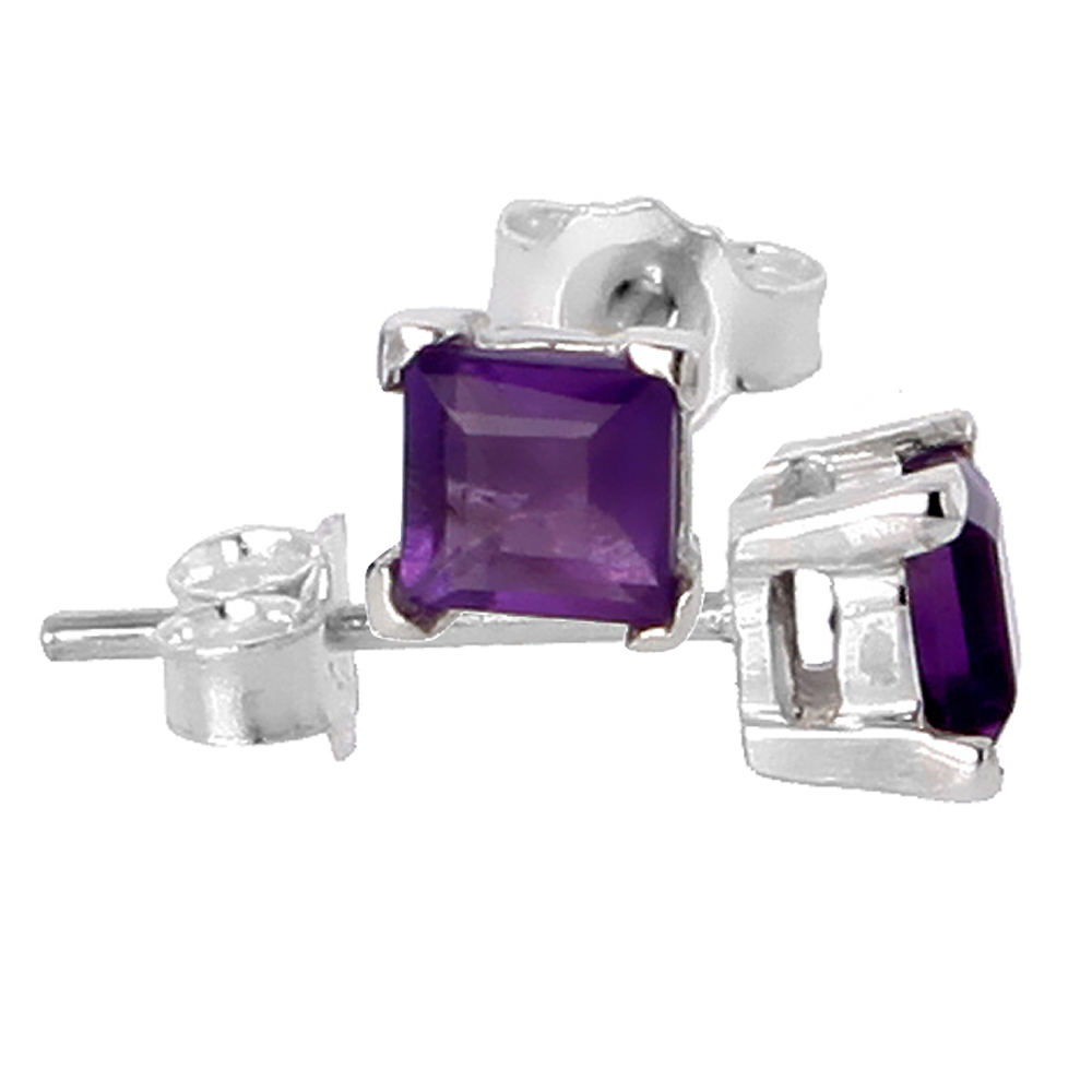 FEBRUARY BIRTHSTONE, NATURAL AMETHYST 0.40 CARAT (4 MM) SIZE PRINCESS CUT SQUARE STUD EARRINGS IN STERLING SILVER BASKET SETTING