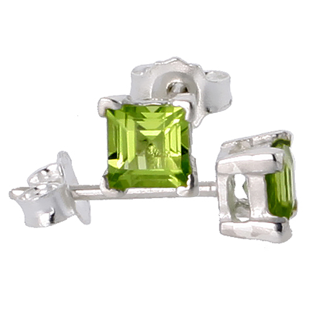 August Birthstone, Natural Peridot 0.40 Carat (4 mm) Size Princess Cut Square Stud Earrings in Sterling Silver Basket Setting