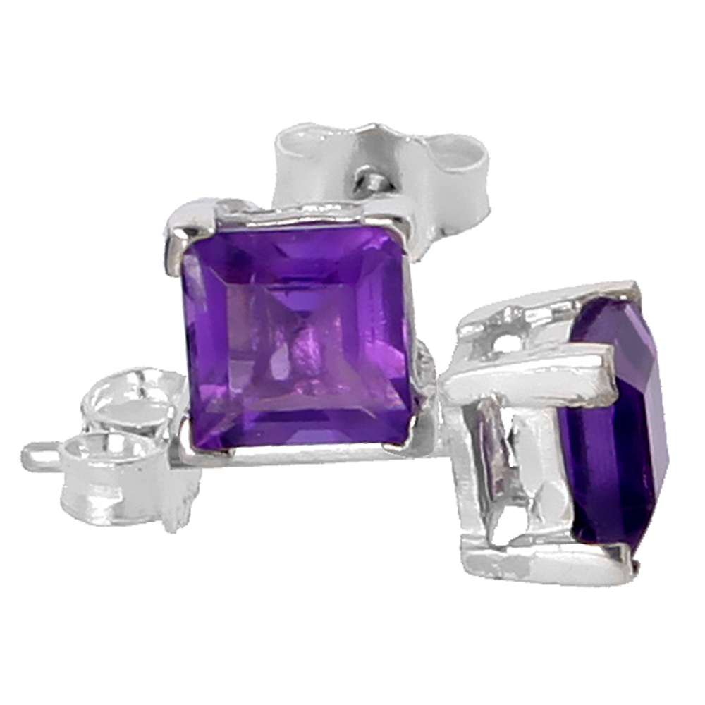February Birthstone, Natural Amethyst 3/4 Carat (5 mm) Size Princess Cut Square Stud Earrings in Sterling Silver Basket Setting