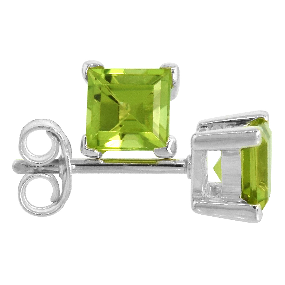 AUGUST BIRTHSTONE, NATURAL PERIDOT 3/4 CARAT (5 MM) SIZE PRINCESS CUT SQUARE STUD EARRINGS IN STERLING SILVER BASKET SETTING