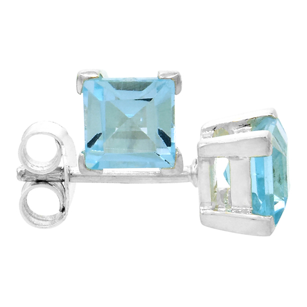 DECEMBER BIRTHSTONE, NATURAL BLUE TOPAZ 3/4 CARAT (5 MM) SIZE PRINCESS CUT SQUARE STUD EARRINGS IN STERLING SILVER BASKET SETTING