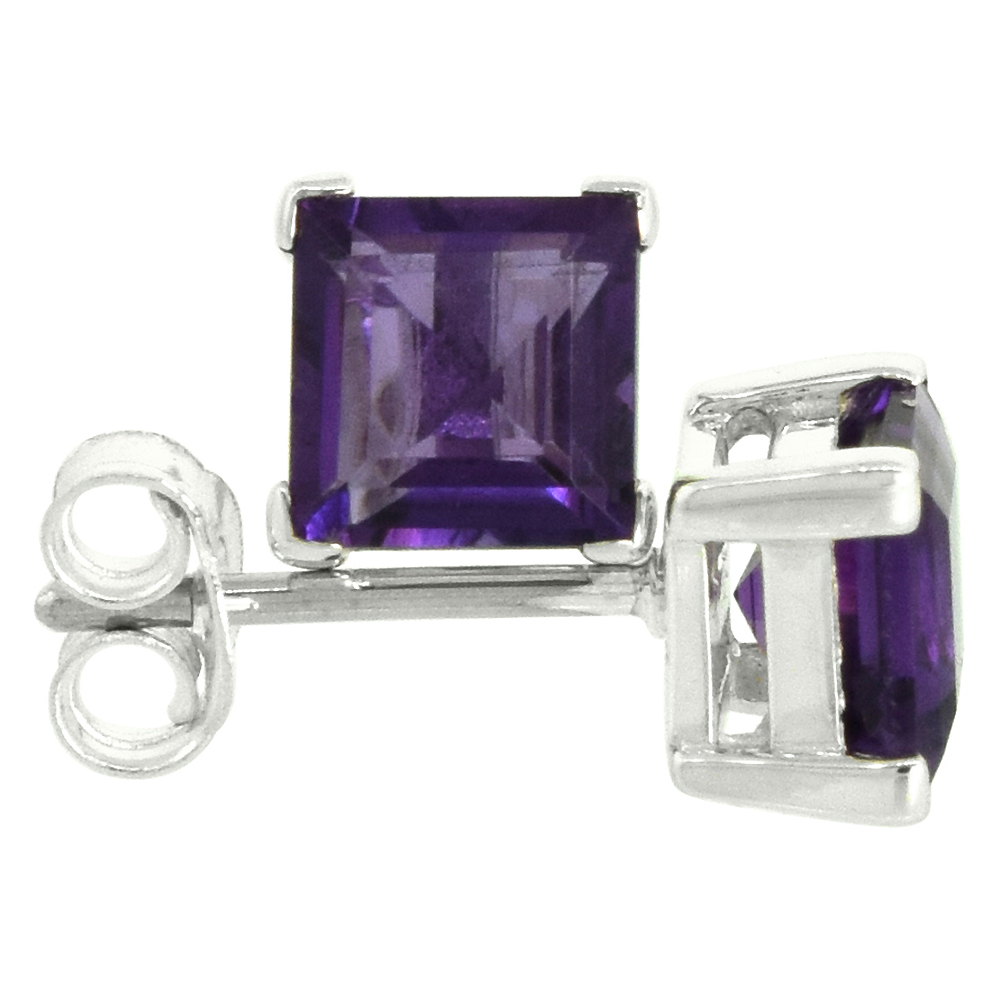 FEBRUARY BIRTHSTONE, NATURAL AMETHYST 1 1/4 CARAT (6 MM) SIZE PRINCESS CUT SQUARE STUD EARRINGS IN STERLING SILVER BASKET SETTING