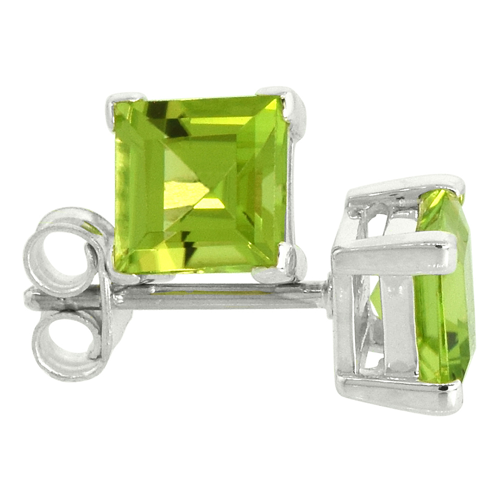 AUGUST BIRTHSTONE, NATURAL PERIDOT 1 1/4 CARAT (6 MM) SIZE PRINCESS CUT SQUARE STUD EARRINGS IN STERLING SILVER BASKET SETTING