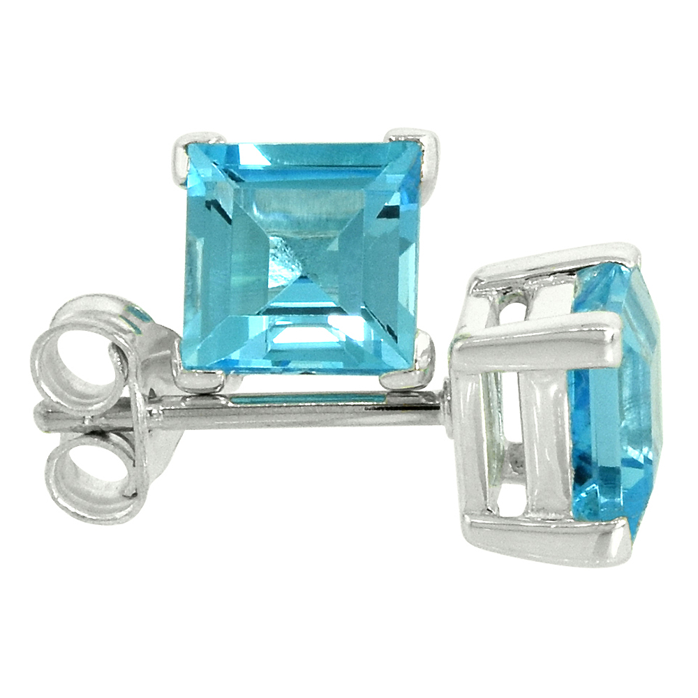 December Birthstone, Natural Blue Topaz 1 1/4 Carat (6 mm) Size Princess Cut Square Stud Earrings in Sterling Silver Basket Setting