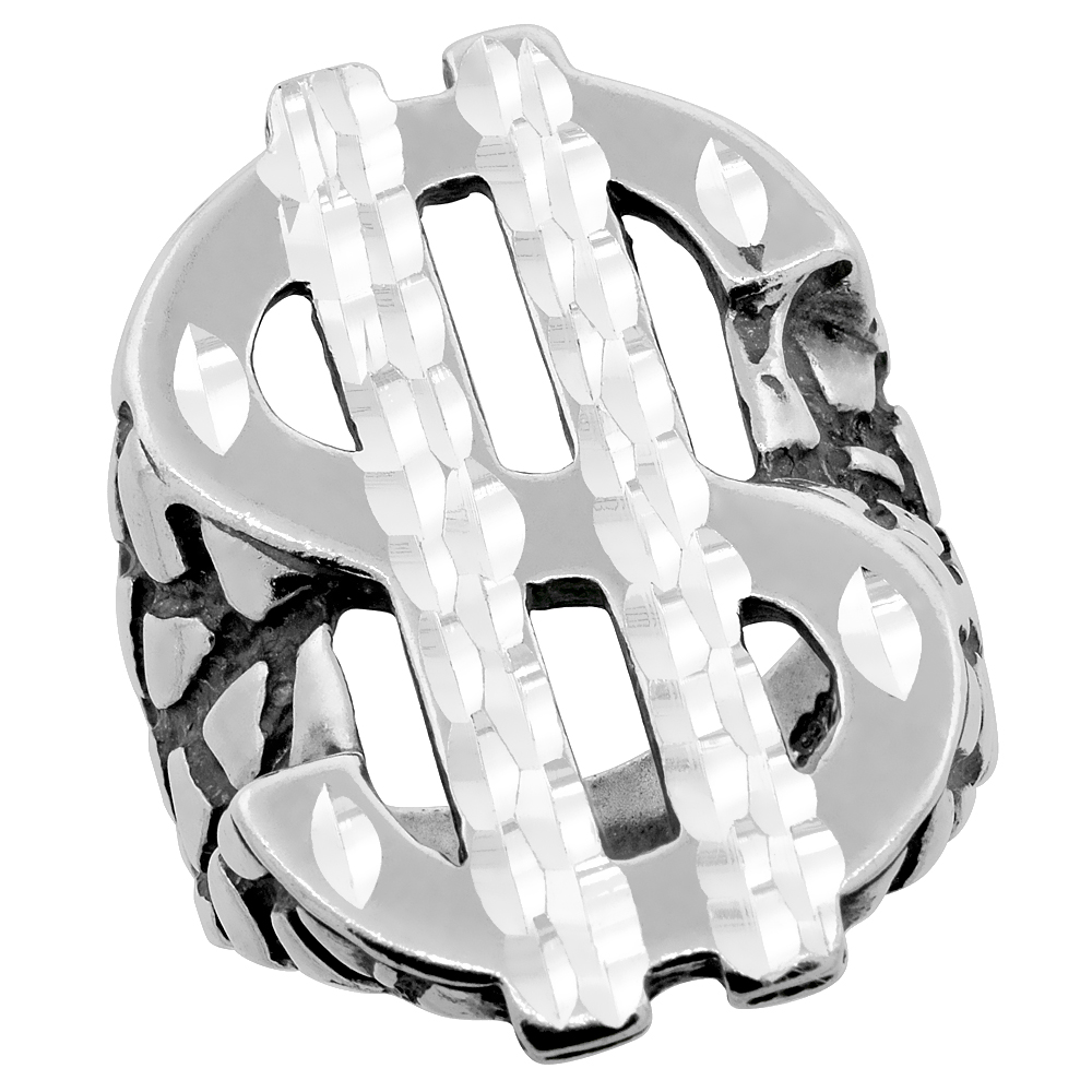 OXIDIZED LARGE STERLING SILVER DOLLAR SIGN RING FOR MEN NUGGET TEXTURES 8 - 13