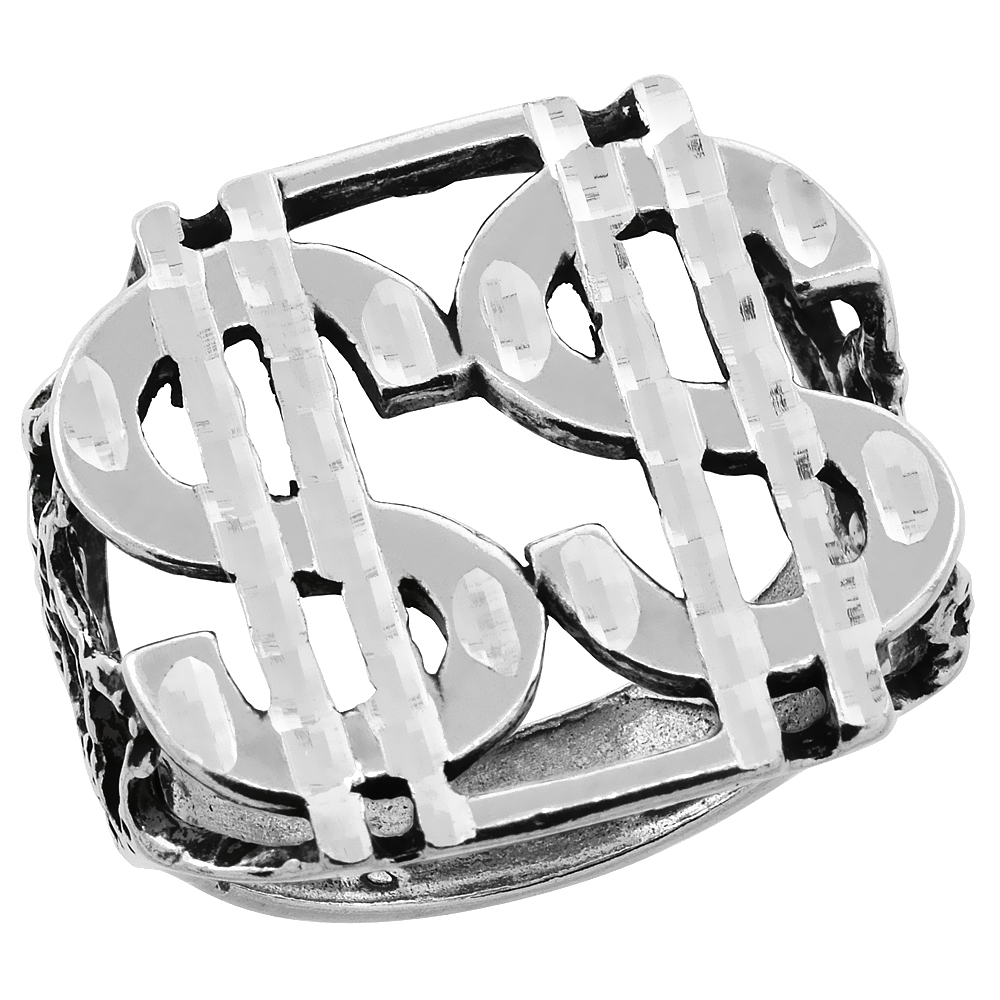 Sterling Silver Double Dollar Sign Ring Oxidized Diamond Cut, 15/16 inch wide, sizes 8 - 13