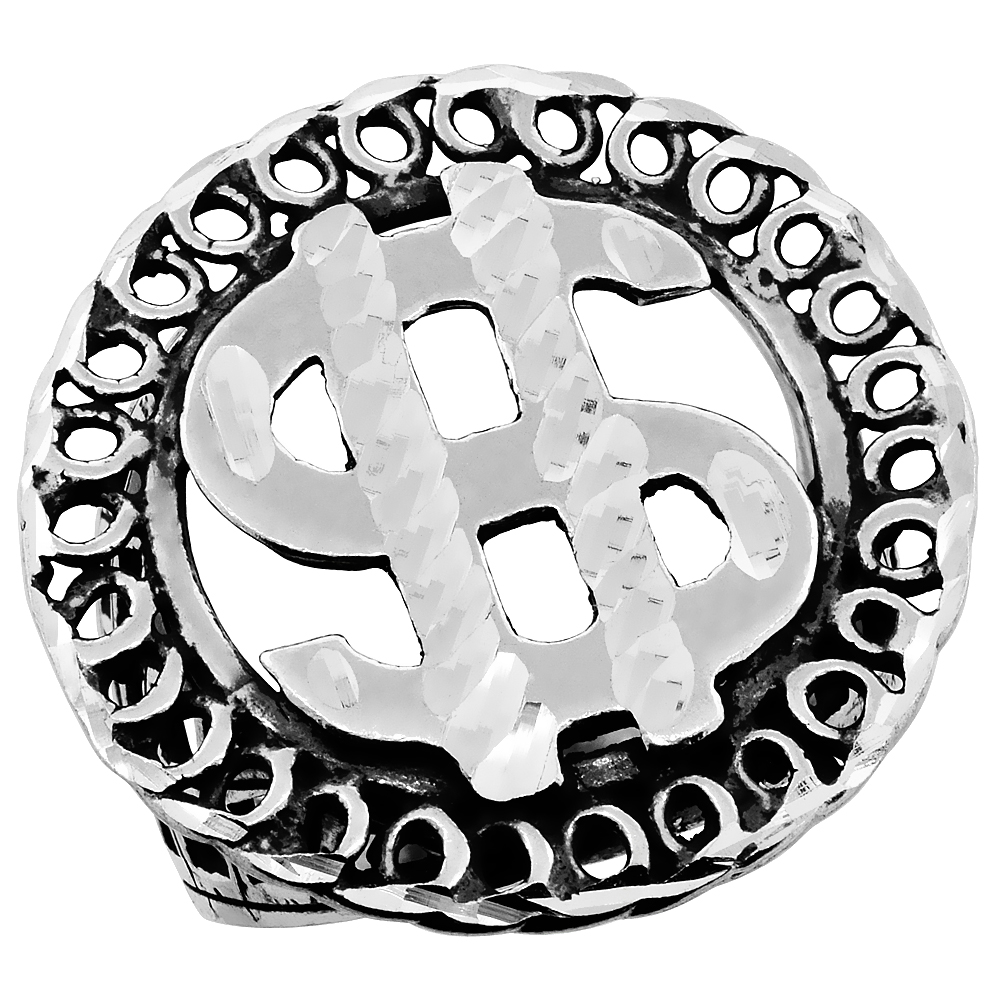 Sterling Silver Dollar Sign Ring Circles Border Oxidized Diamond Cut, 1 1/16 inch wide, sizes 8 - 13