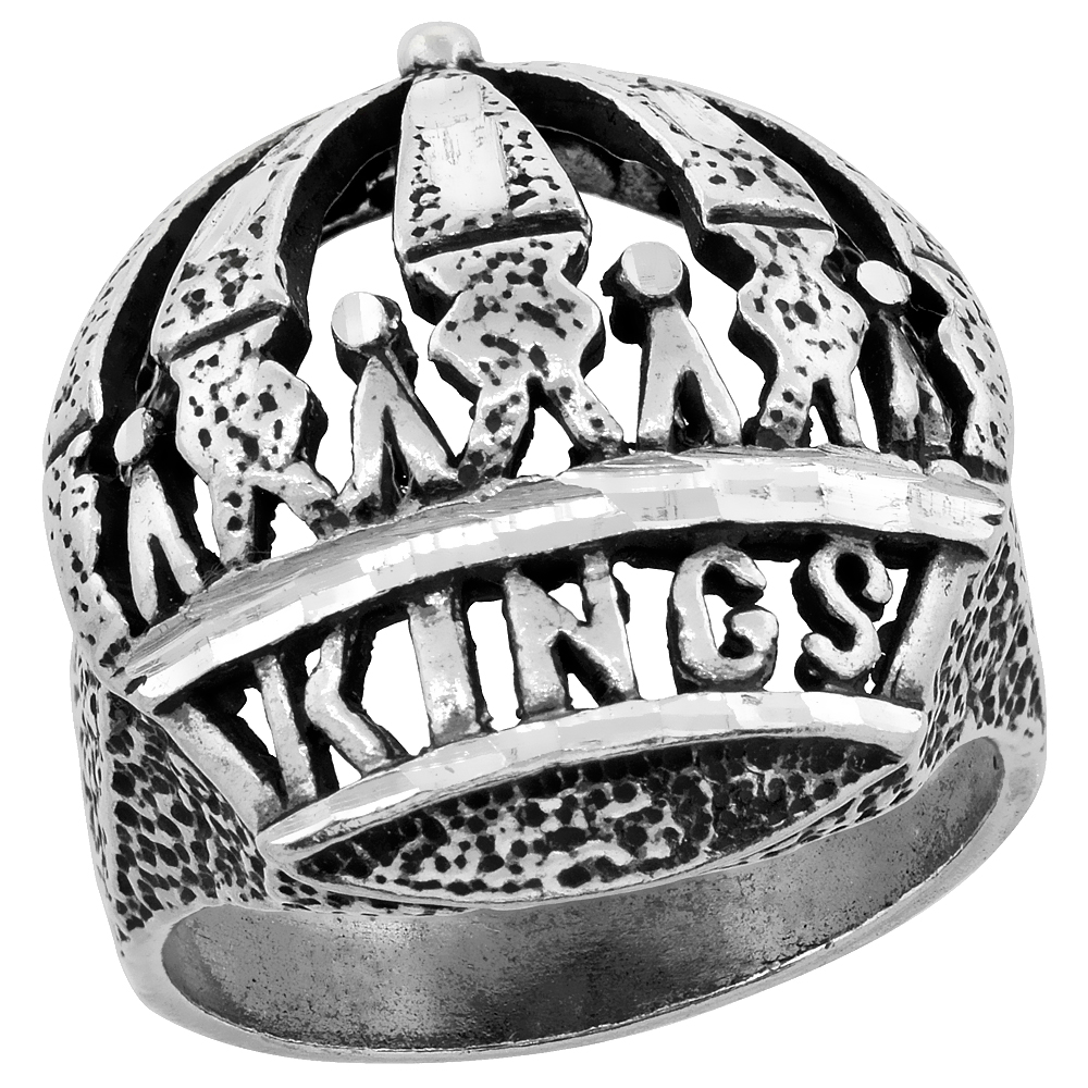 Sterling Silver Kings Crown Ring Large Domed Oxidized Diamond Cut, 1 1/16 inch wide, sizes 8 - 13