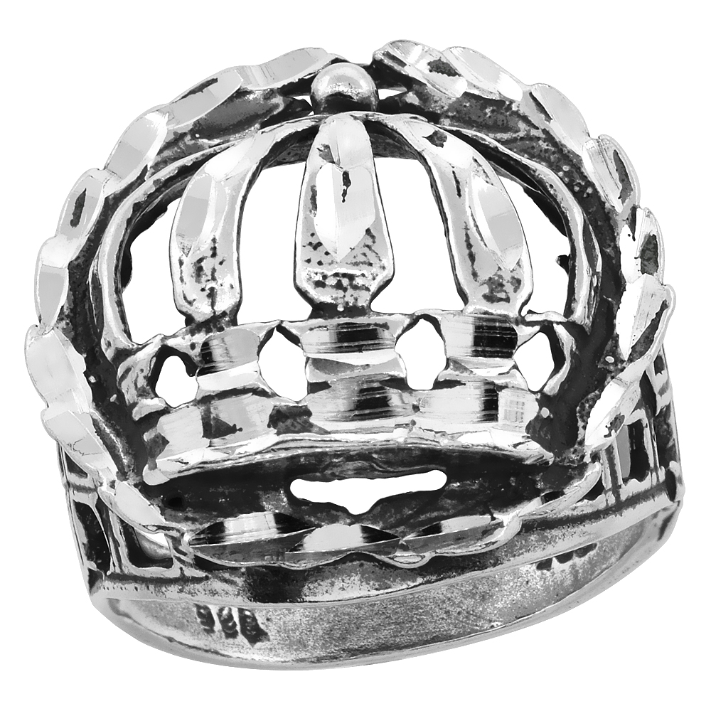 STERLING SILVER CROWN RING FOR MEN WREATH BORDER OXIDIZED 15/16 INCH WIDE SIZES 8 - 13
