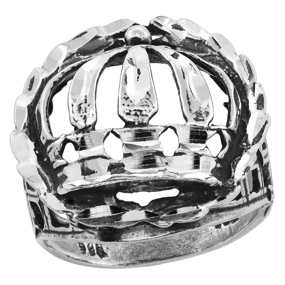 Sterling Silver Crown Ring Wreath Border Oxidized Diamond Cut, 15/16 inch wide, sizes 8 - 13