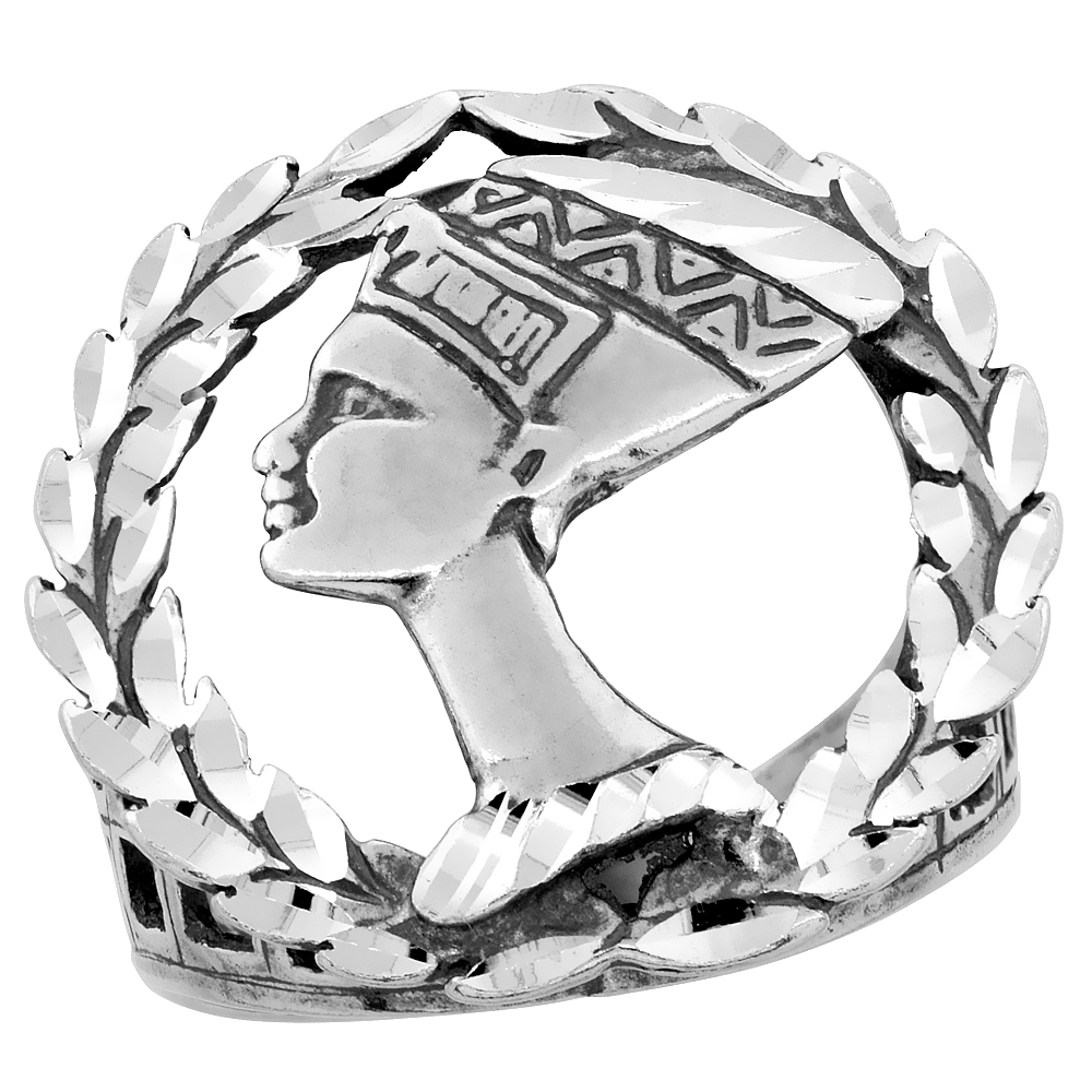 Sterling Silver Queen Nefertiti Ring Wreath Border Oxidized Diamond Cut, 1 inch wide, sizes 8 - 13