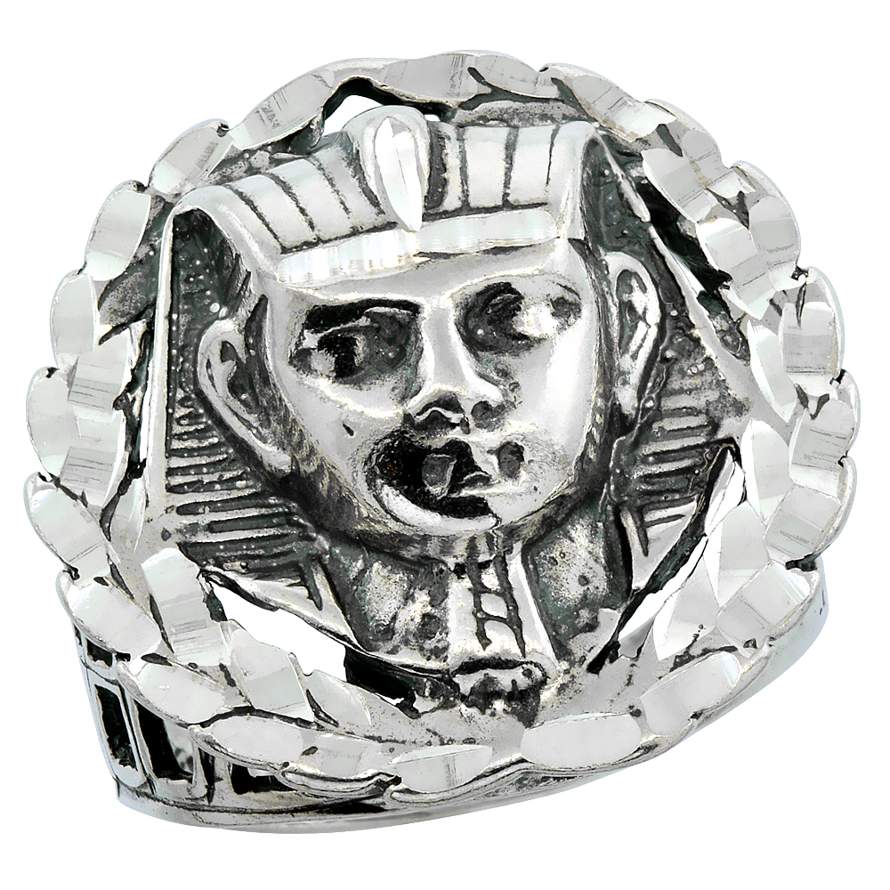 STERLING SILVER KING TUT RING FOR MEN WREATH BORDER OXIDIZED 1 INCH WIDE SIZES 8 - 13