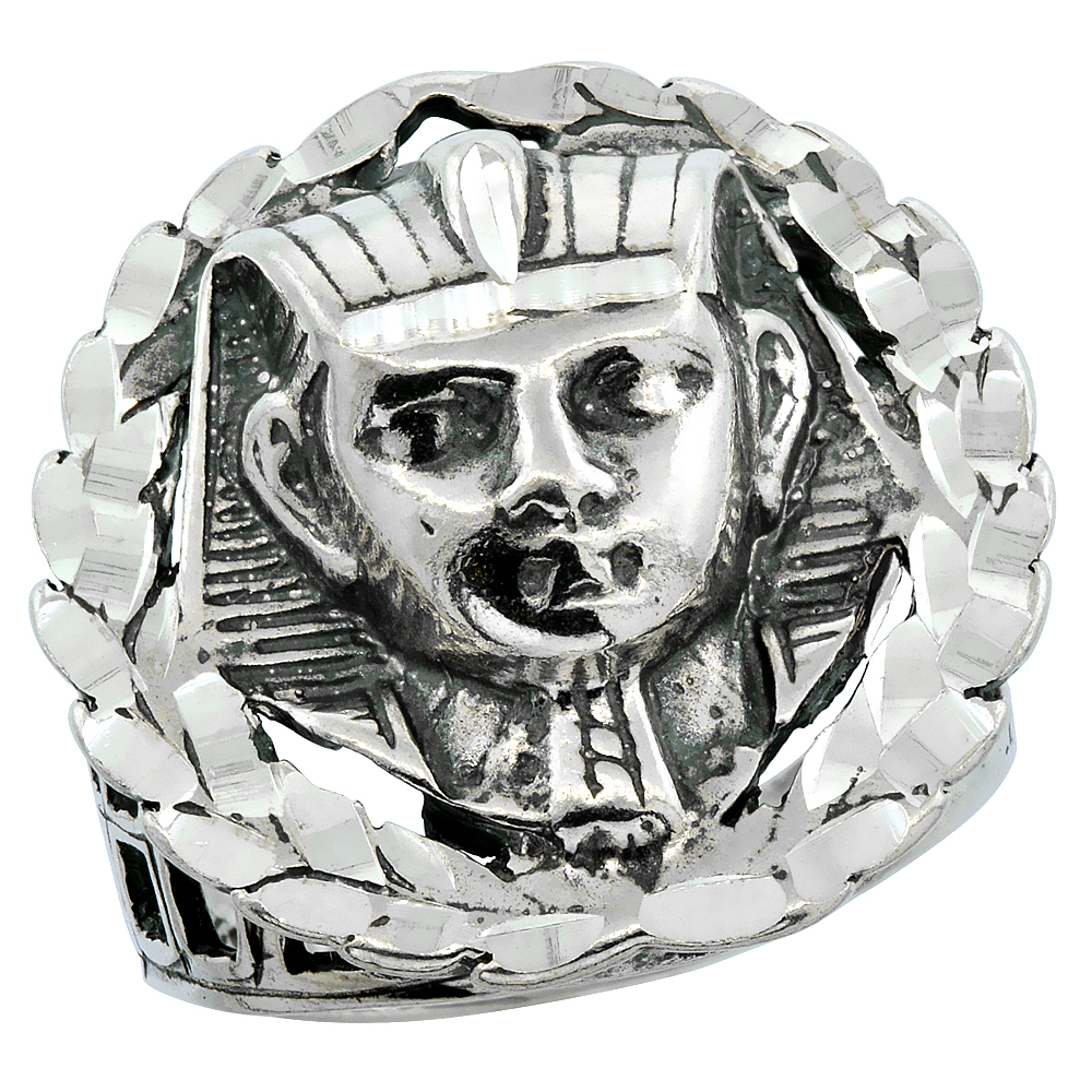 Sterling Silver King Tut Ring Wreath Border Oxidized Diamond Cut, 1 inch wide, sizes 8 - 13