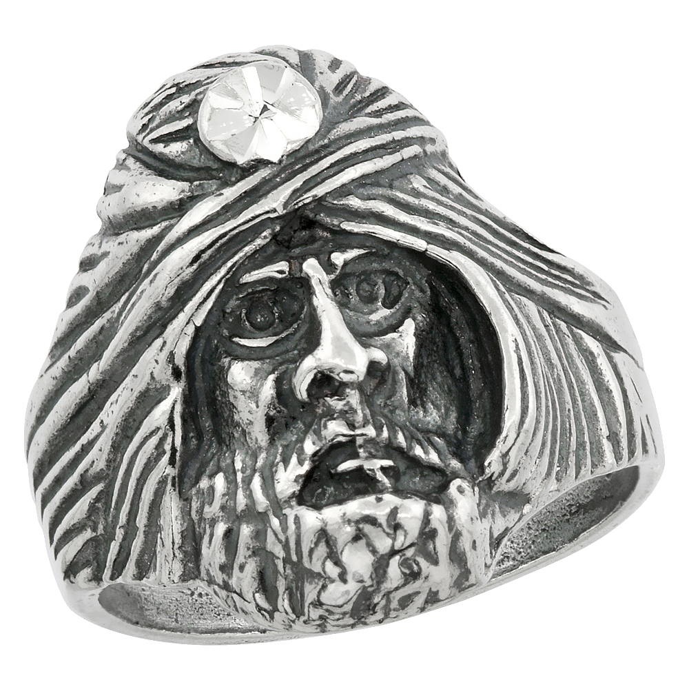 Sterling Silver Sorcerer Head Ring Oxidized Diamond Cut, 15/16 inch wide, sizes 8 - 13