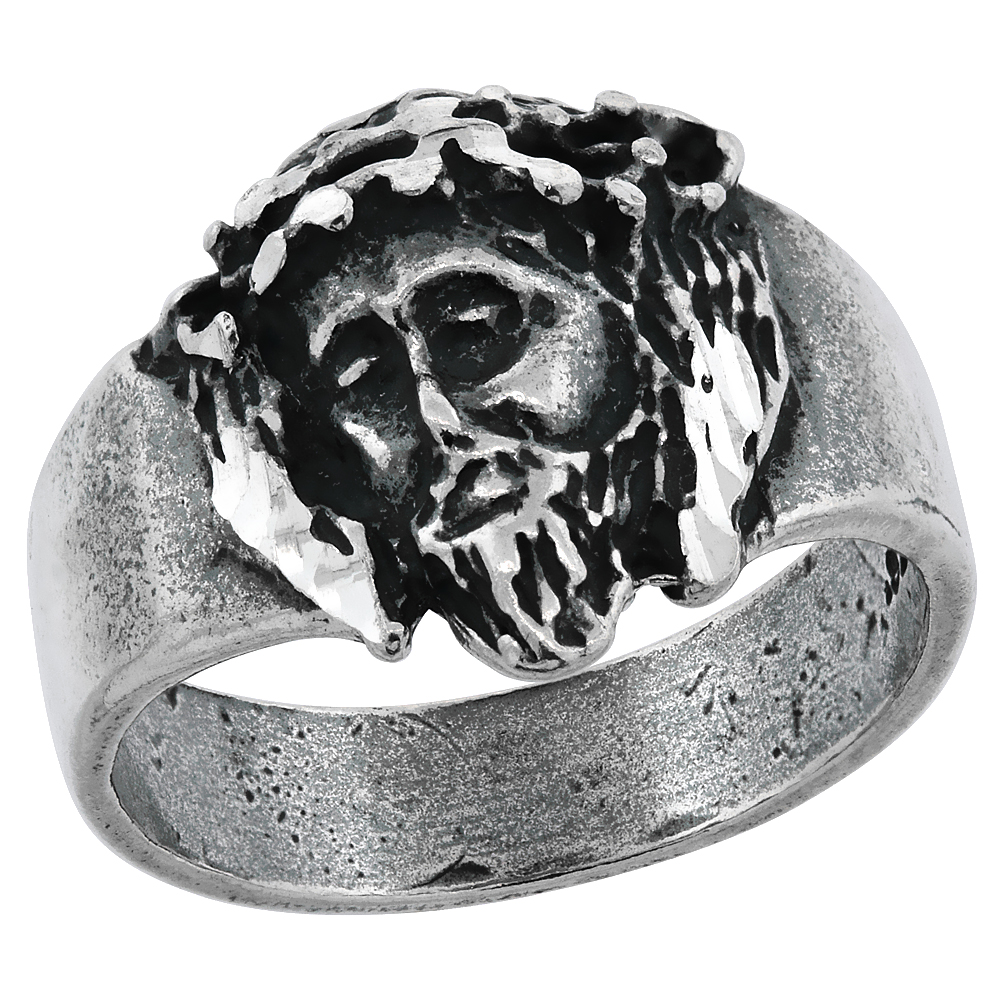 Sterling Silver Jesus Christ Ring Crown of Thorns Oxidized Diamond Cut, 9/16 inch wide, sizes 8 - 13