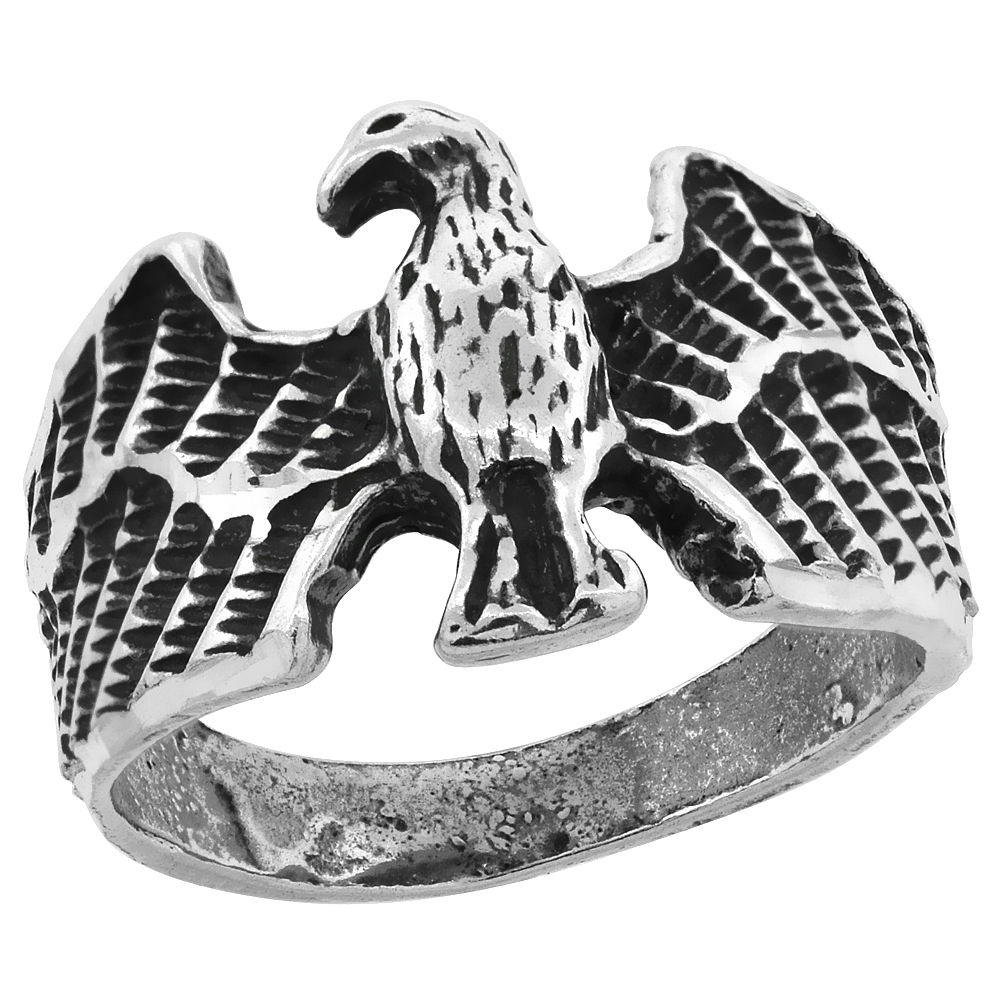 Sterling Silver Eagle Ring Antiqued Finish Diamond Cut, 1/2 inch wide, sizes 5 - 9.5