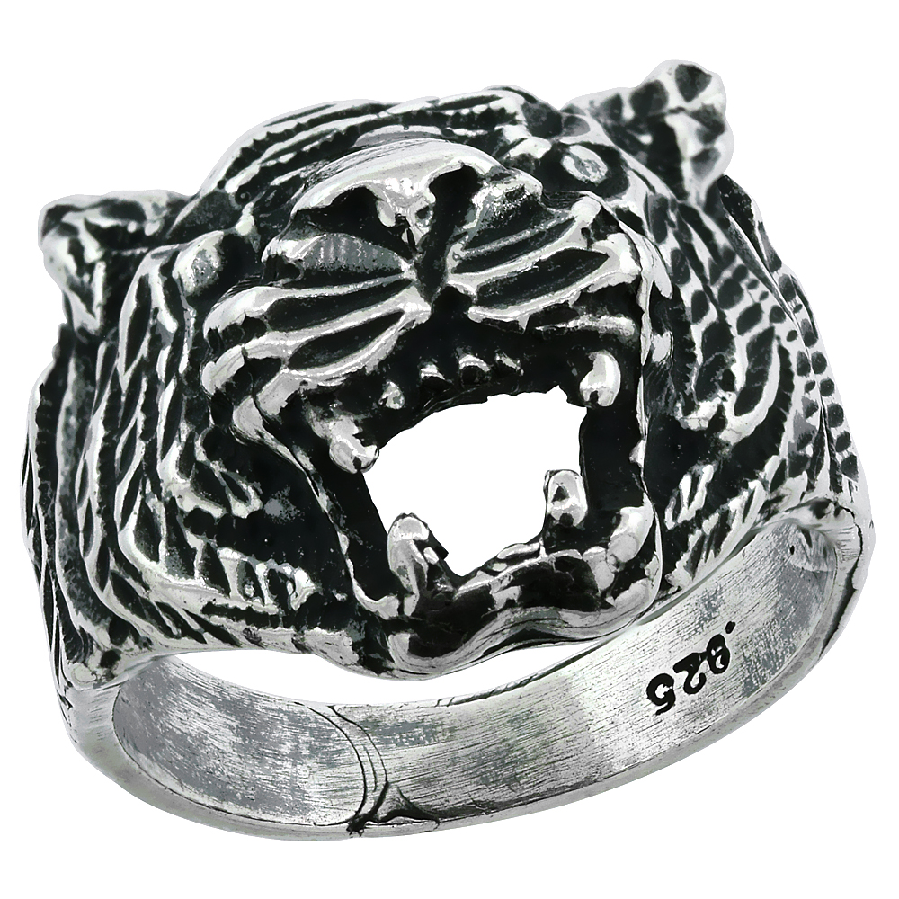 STERLING SILVER TIGER HEAD RING FOR MEN OXIDIZED 3/4 INCH WIDE SIZES 8 - 13
