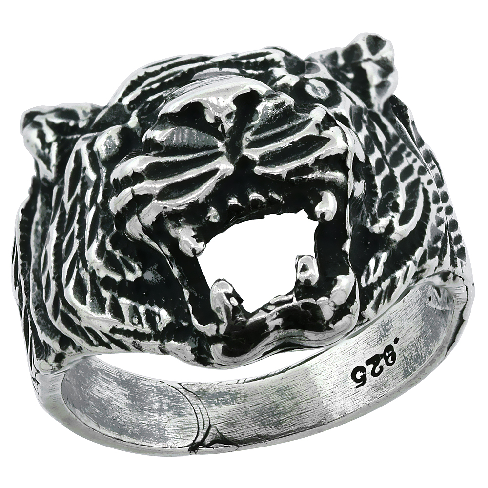 Sterling Silver Tiger Head Ring Oxidized Diamond Cut, 3/4 inch wide, sizes 8 - 13
