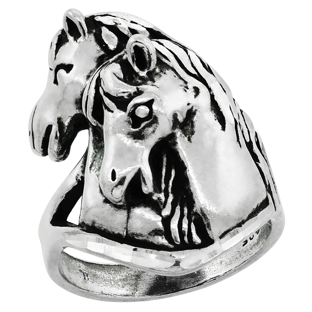 STERLING SILVER MARE AND FOAL HORSE RING FOR MEN OXIDIZED 15/16 INCH WIDE SIZES 8 - 13