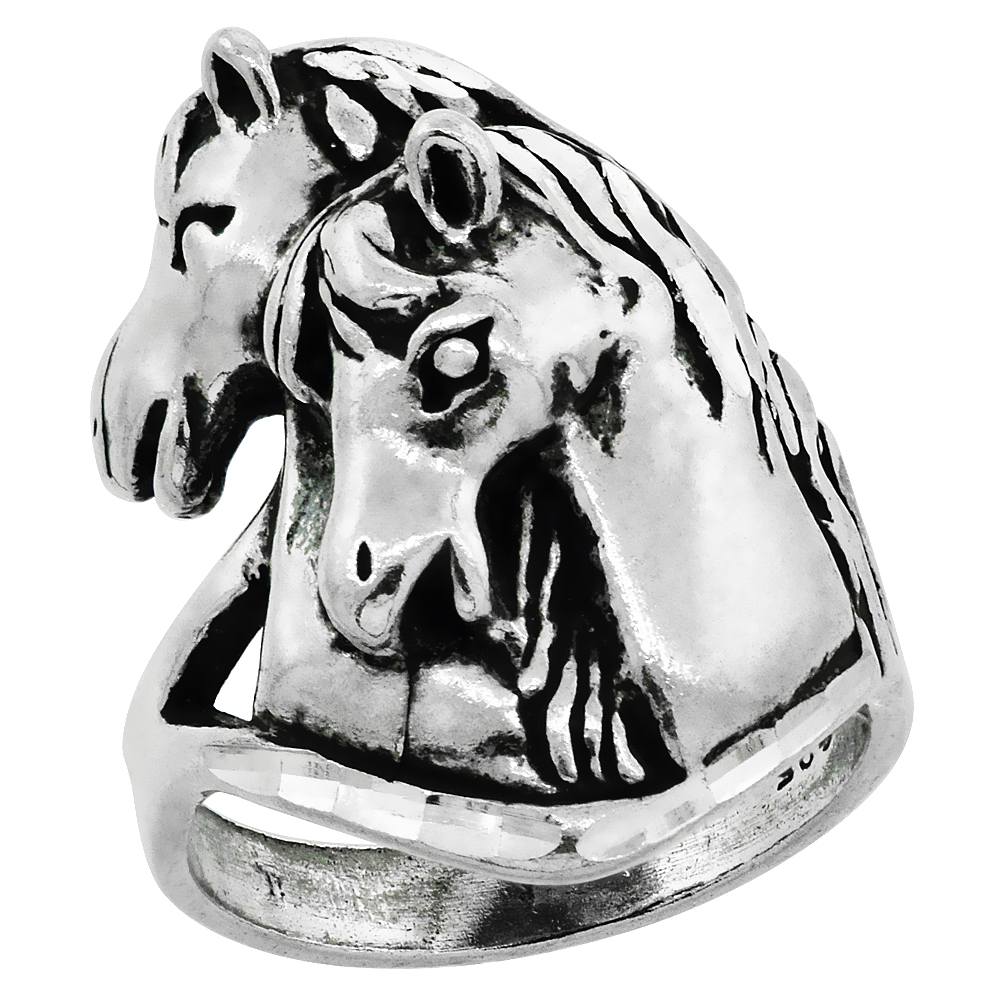 Sterling Silver Mare and Baby Horse Ring Oxidized Diamond Cut Finish 15/16 inch wide, sizes 8 - 13