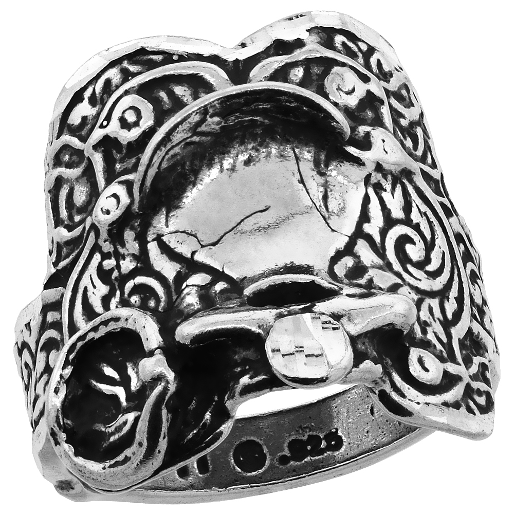 Sterling Silver Horse Saddle Ring Oxidized Diamond Cut Finish 7/8 inch wide, sizes 8 - 13