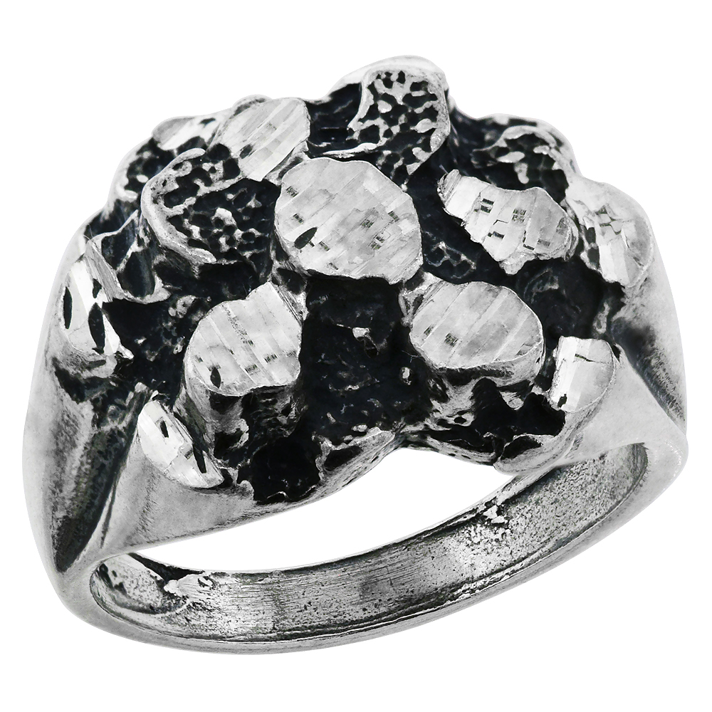 Sterling Silver Nugget Ring Oxidized Diamond Cut Finish 11/16 inch wide, sizes 8 - 13