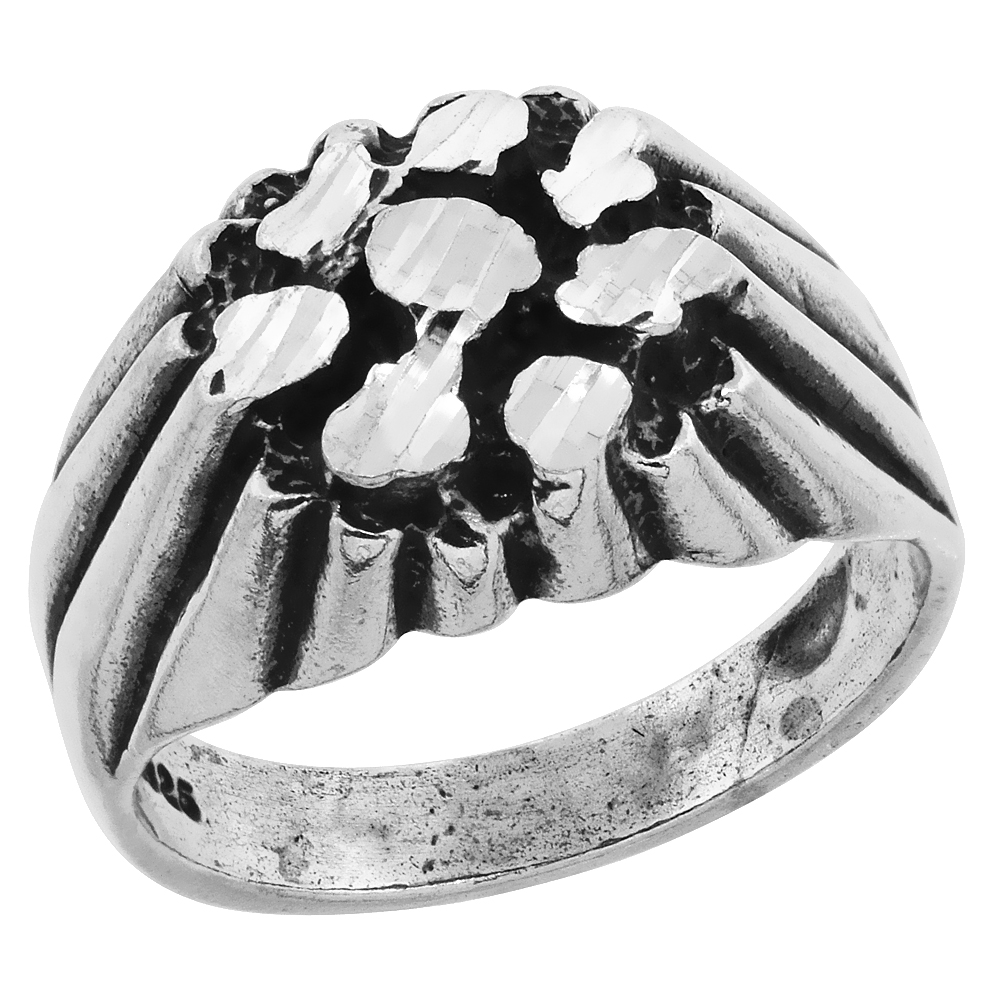 Sterling Silver Nugget Ring Oxidized Diamond Cut Finish 9/16 inch wide, sizes 8 - 13
