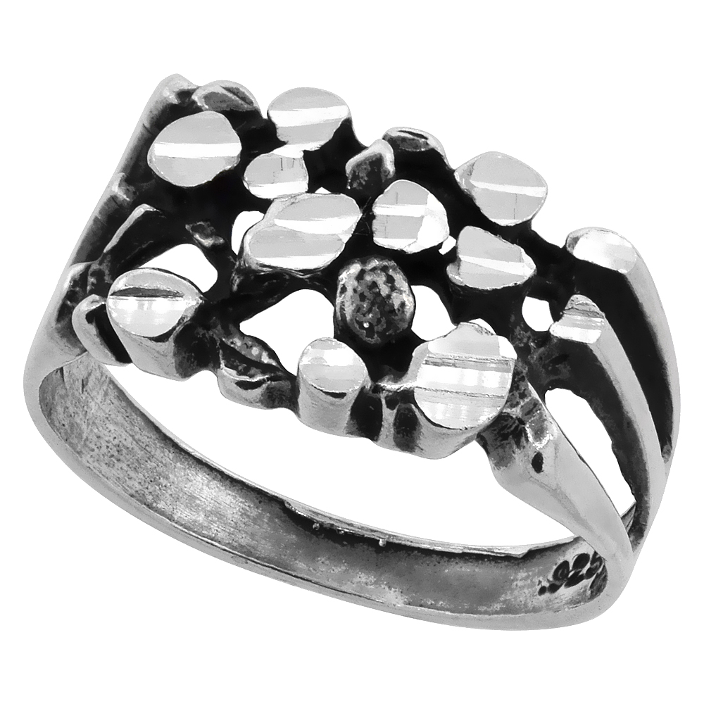 Sterling Silver Floral Nugget Ring Oxidized Diamond Cut Finish 3/8 inch wide, sizes 8 - 13